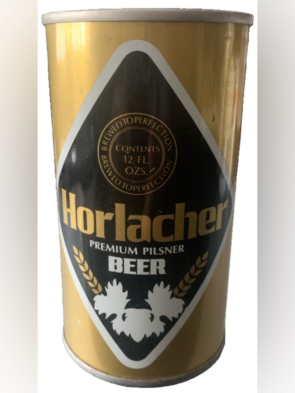 Vintage Beer Can Horlacher Premium Pilsner Beer Pull Tab Empty Gold Black Steel